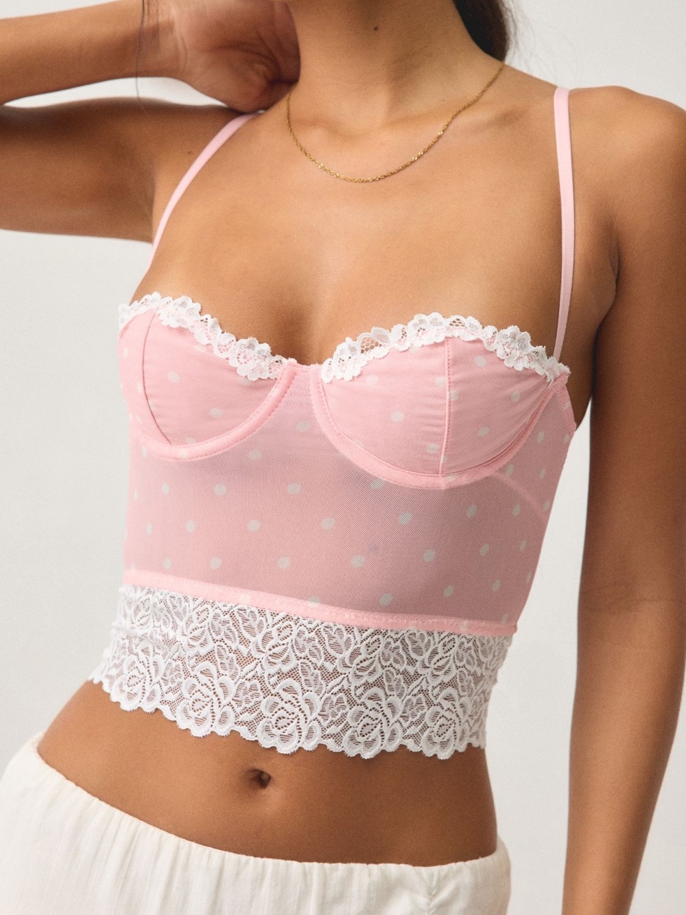 Urban Outfitters Pink Polka Dot Lace-Trim Crop Bralette